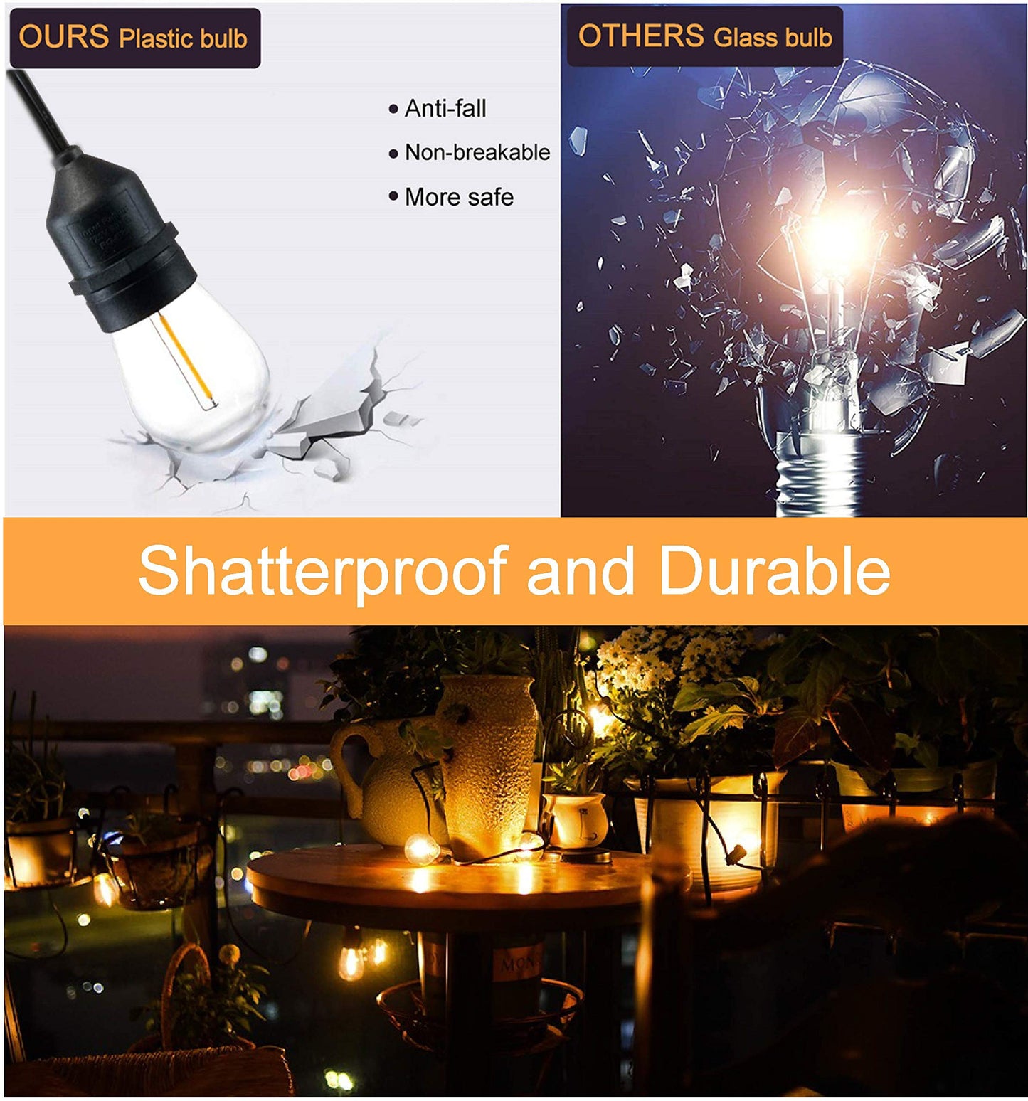 48 foot BistrComercial Grade Style Solar Powered & USB String Lights