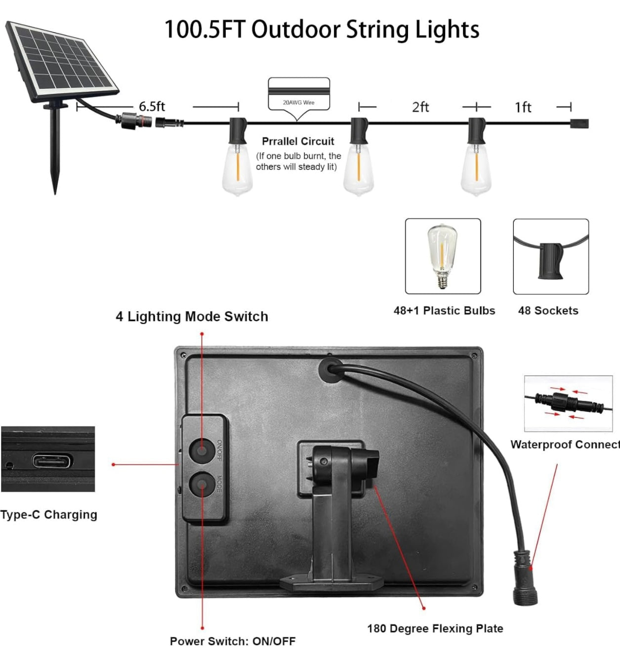 100 foot BistrComercial Grade Style Solar Powered & USB String Lights