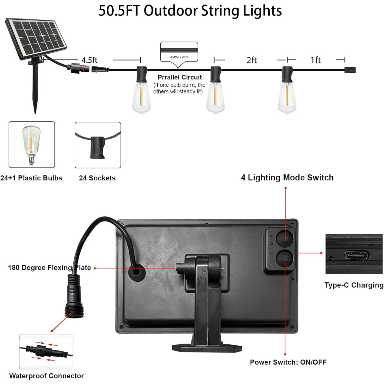 50 foot BistrComercial Grade Style Solar Powered & USB String Lights